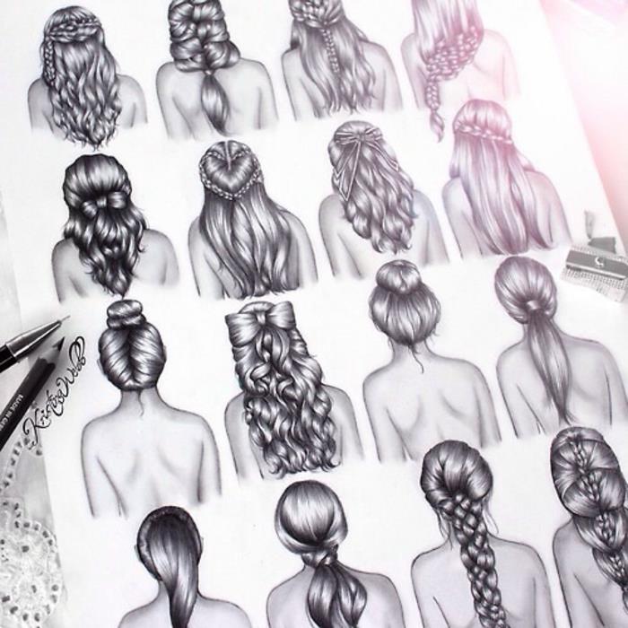Pridite disegnare una ragazza, disegno di acconciature, disegni di capelli con trecce