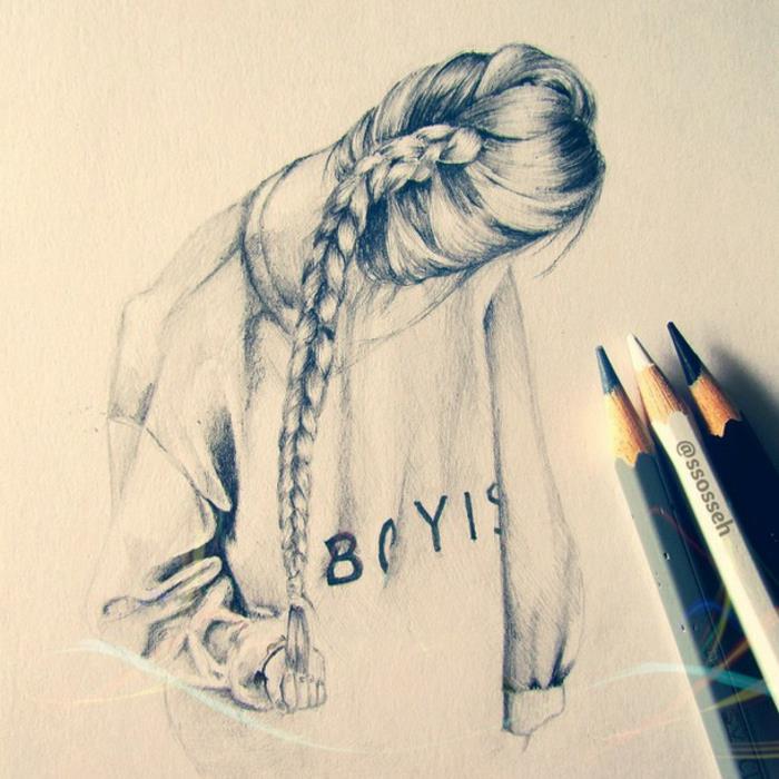 Fotoğraf di ragazze tumblr, disegno di ragazza, capelli con treccia