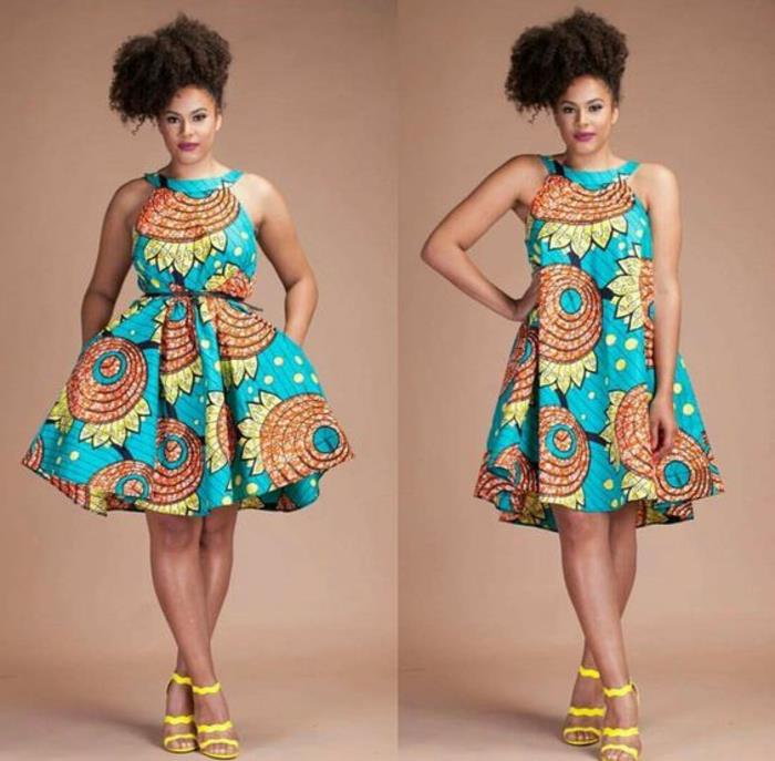 Tessuti africani colorati, abito midi a ruota, nedeniyle varyanti con cintura in vita, ragazza con capelli ricci