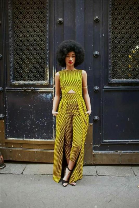 Vestiti africani per donna, ragazza con capelli ricci, pantalone ve en iyi lungo di colore giallo