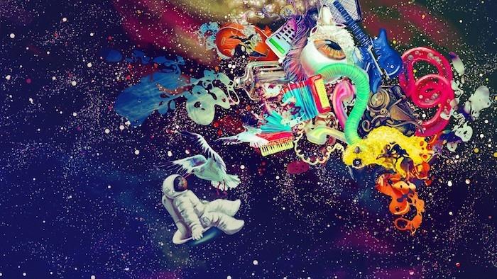 soyut çizim, yüzen astronot, iphone duvar kağıdı tumblr, renkli öğeler, yıldızlı gökyüzü