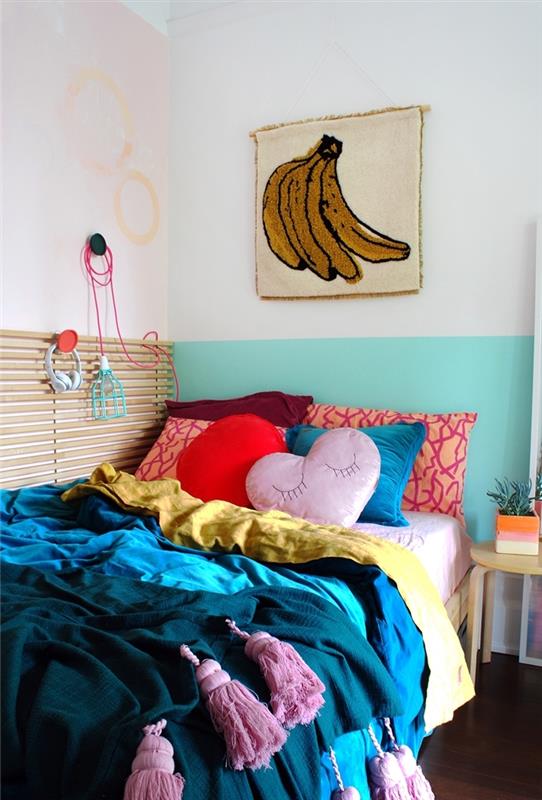spalvingi akcentai sienų plokštė turkio spalvos dažai mažo miegamojo dekoras medžio lentos sieninė saugykla mesti lovos kutai
