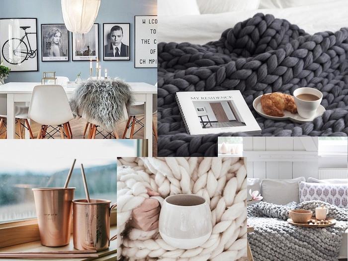 deco cocooning naglasi, siva pletena kapa, metek iz umetnega krzna, ccocooning miza z umetniško in fotografsko grafiko, bakrena namizna posoda