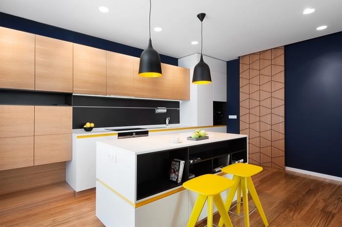 renkli desenli modern beyaz ve siyah mutfak dekorasyonu, merkezi adalı doğrusal mutfak düzeni