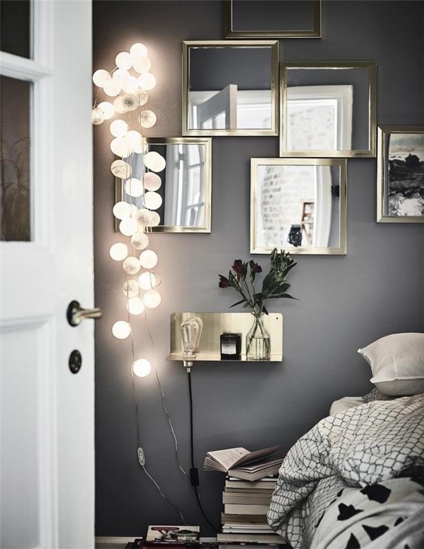 beyaz kapı ve metalik ayna duvar ile gri duvar yatak odasında romantik ruh hali