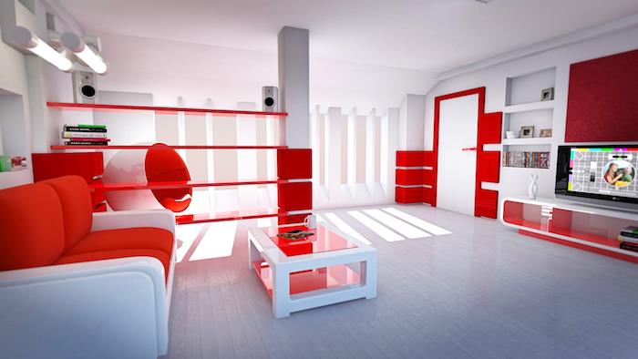 ideja za dekoracijo dnevne sobe v beli in rdeči barvi, beli in rdeči kavč in klubska mizica, beli parket, originalni fotelj