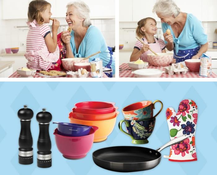vnukinja s svetlo rjavimi lasmi z babico, ki v kuhinji pripravlja sladice, pripomočke in kuhinjsko orodje za darilo babici