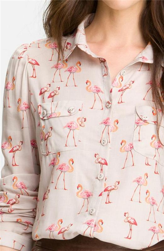 flamingo deco, bluza z dolgimi rokavi, z mini belimi gumbi, flamingi, elegantna priložnostna obleka