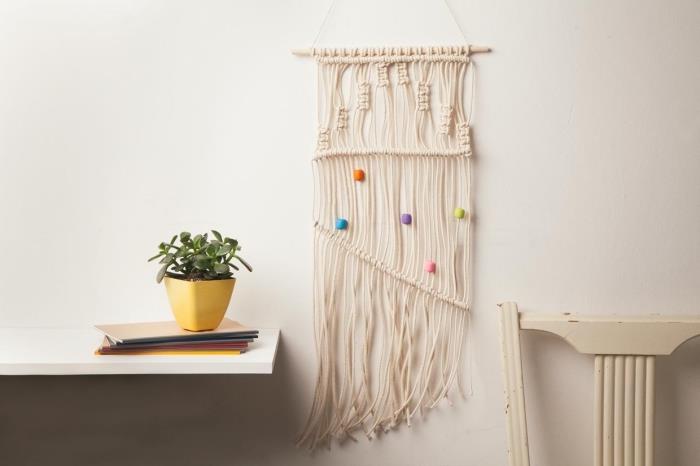 enostavno stensko tkanje DIY s tehniko makrame vozla, stensko obešanje z vrvico in lesenimi kroglicami