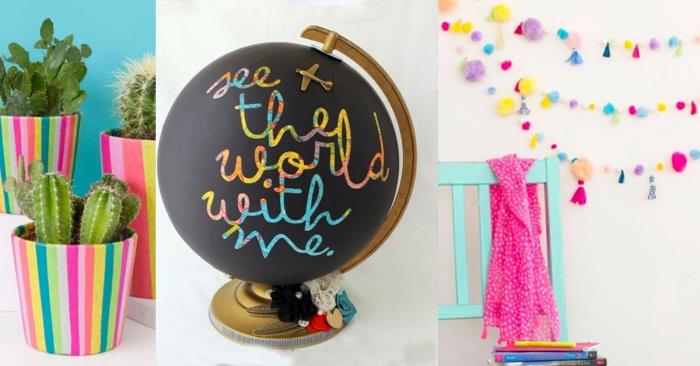genç kızın odası için kendiniz yapmak için dekoratif objeler, ilham verici harf tasarımı ile mat siyah dünya küresi
