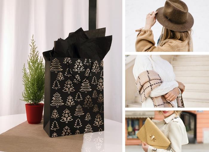 Božična papirnata vrečka v črni in zlati barvi, ideja za božično darilo za ženske, zlata večerna torba, ženski dodatki za klobuke in rute, model zlate torbice