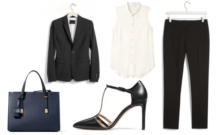 ideja, da izberete elegantno žensko hlačno obleko s hlačami in črnim blazerjem v kombinaciji z belim topom brez rokavov