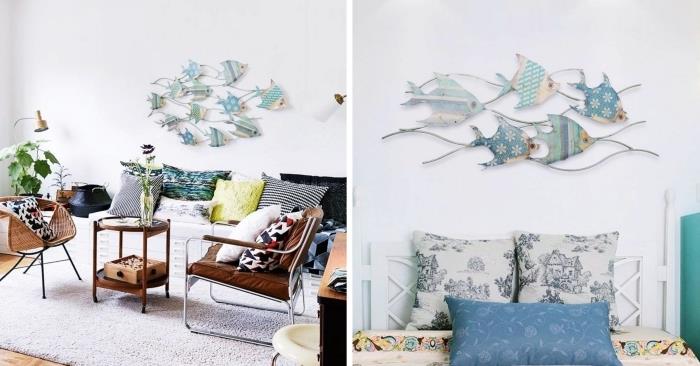 jaukus interjero dizainas su baltomis sienomis su dideliu minkštu kilimu ir dekoratyvinėmis pagalvėlėmis, metalinių sienų kūrimo modelis su žuvies dizainu