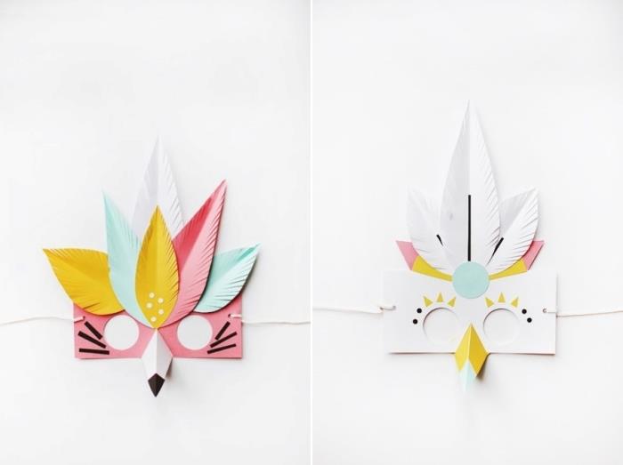 birincil manuel aktivite, renkli kağıt ve yapıştırıcı ile kuş kafası şeklinde karnaval maskeleri nasıl yapılır