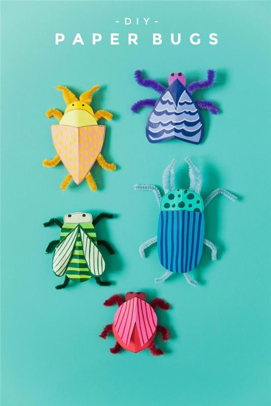 miniklerle renkli kağıttan yapımı kolay böcek modelleri, 3 yaşındakiler için aktivite, çocuklarla kendin yap ev yapımı böcekler