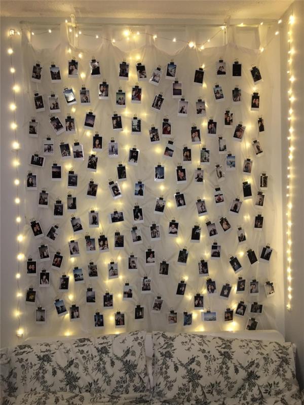 fotoğraflarla genç bir iç ışık çelenk nasıl kişiselleştirilir, koza yatağının üzerinde dekorasyon fikri