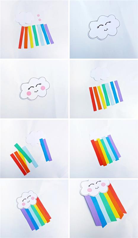 renkli kağıt şeritler ile bulut ve gökkuşağı şekli oluşturma adımları, çocuklar için manuel aktivite fikri