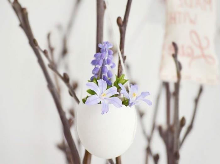 bahar el kitabı etkinliği bir ağaç dalında asılı taze çiçeklerle dolu küçük bir vazo, yumurta kabuğu dekor projesi