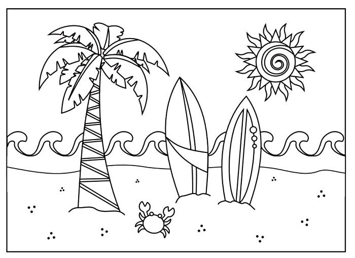 Vaikų darželio spalvinimo puslapis paplūdimio ir atostogų tema, vaikų spalvinimo veikla atostogoms, paplūdimio spalvinimo puslapis su palmėmis, banglentėmis ir mažu krabu