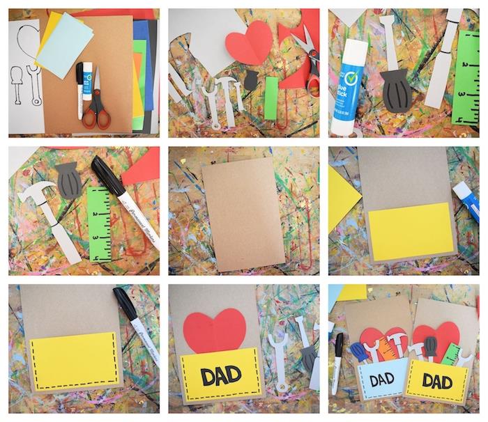 Tėvų dienos veikla darželio pasidaryk pats sveikinimo atvirukas iš popieriaus su įrankiais ir širdimi geltonoje kišenėje