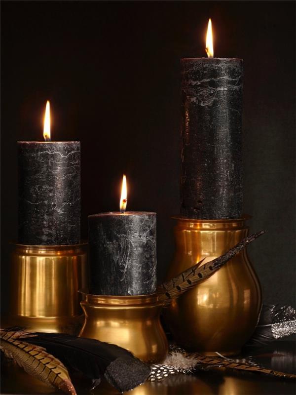 dekoratif nesne, altın ve siyah Cadılar Bayramı iç dekorasyonu için fikir, altın tüylü siyah mermer tasarım mumlar