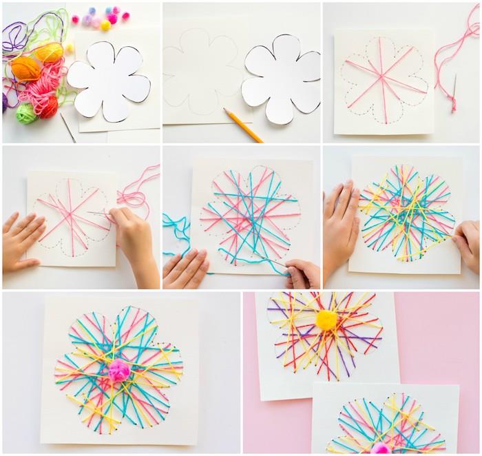 Anaokulu manuel aktivite, renkli iplikler ve ortasında bir ponpon olan çocuklar için çiçek şeklinde ip sanatı