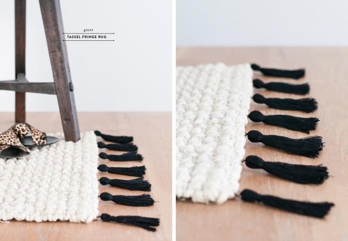 Padarykite lengvą „pasidaryk pats“ kilimėlį, baltą kilimėlio modelį su juodais kutais, pasidaryk pats objektą, kad būtų lengva papuošti paauglių miegamąjį