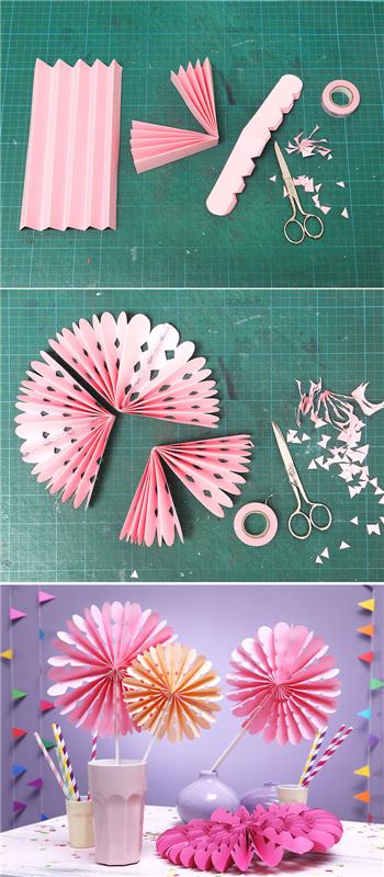 Doğum günü masası süsü olarak bir yelpaze yapmak için öğretici, delikli kağıt yelpaze imitasyon çiçekler