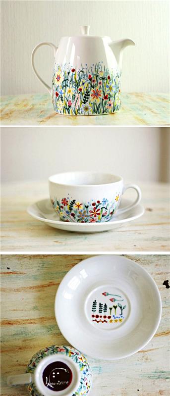 osebni čajnik in skodelica kave s cvetličnimi motivi v porcelanskem slikarstvu