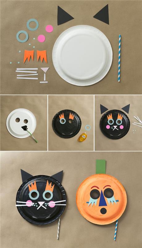 kara kedi ve cadılar bayramı balkabağına dönüştürülmüş karton tabaklarla kolay ve hızlı manuel aktivite, kendin yap cadılar bayramı maskesi
