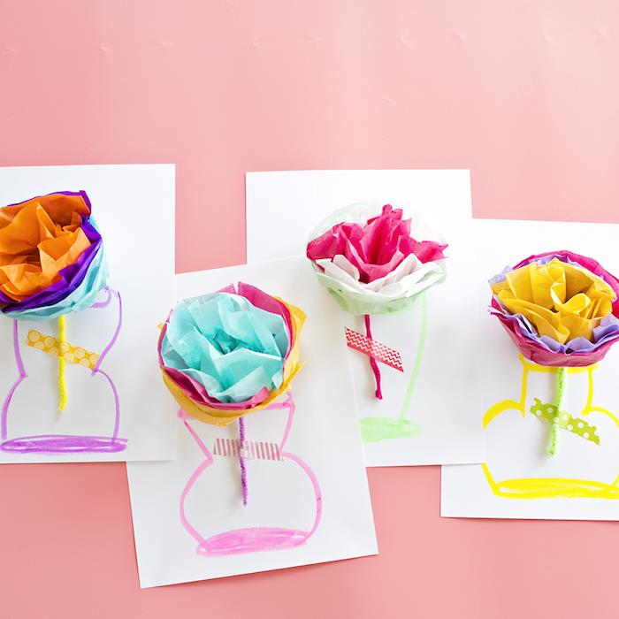 rankinės veiklos močiutės dienos vaza, nupiešta ant popieriaus ir gėlė spalvotu pasidaryk pats popieriniu popieriumi