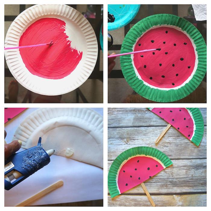 ideja za ročno dejavnost v vrtcu, sam naredi otrok s papirnatim krožnikom, okrašenim z vzorcem lubenice v barvi