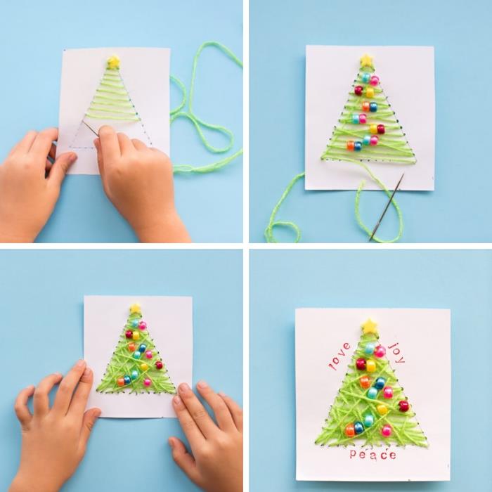 DIY anaokulu Noeli, yeşil iplik ve renkli boncuklarla Noel ağacı süslemeli kolay DIY kartpostal, kağıt üzerinde kolay nakış tekniği