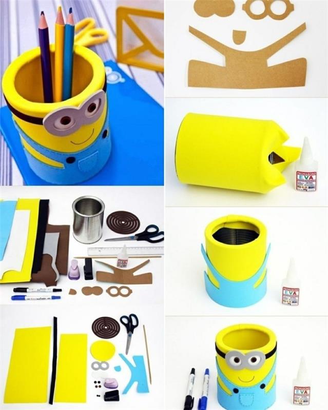 minyon tasarımlı çocuk masası aksesuarı, teneke kutu ve renkli kağıttan kalemlik yapma, minyonlar temalı diy nesne
