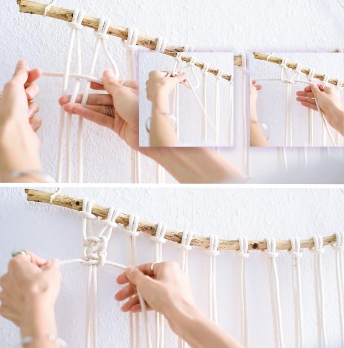 adım adım makrome öğrenmek için öğretici, bir DIY makrome sarkıt üzerinde düz bir düğüm nasıl bağlanır