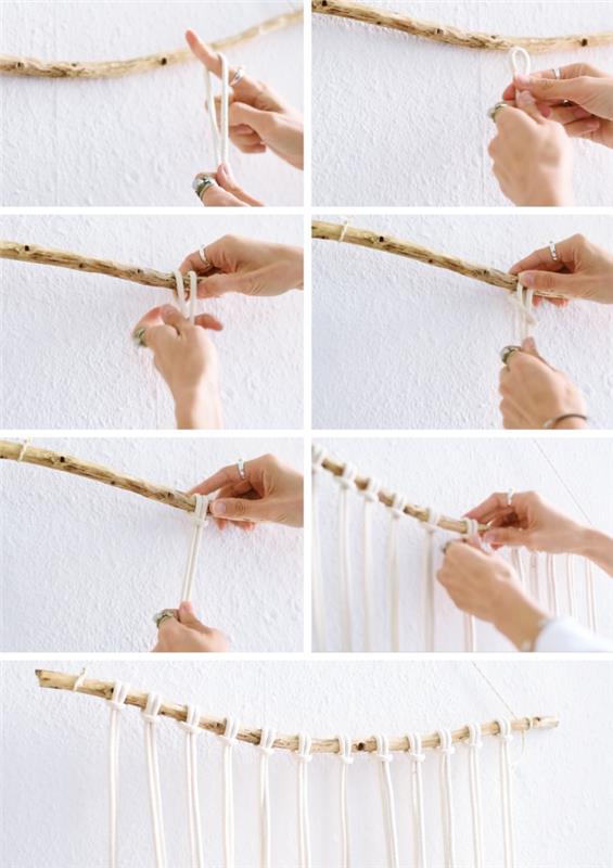 kako narediti vozel makrame, primer stenskega obešanja z leseno palico in vozlov makrame
