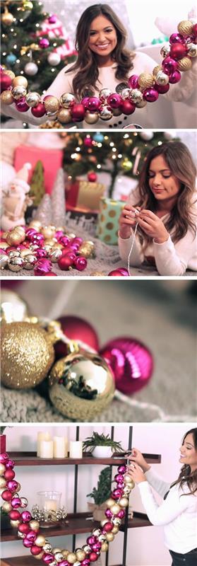 Božični okras, da se naredite z velikim vencem iz barvnih kroglic s kovinskim sijajem, da visite na knjižni omari