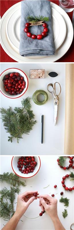 Božični okraski, da si olajšate, postavite oznake z drobnimi rdečimi plodovi in ​​vejami jelke, okras, ki ga položite na prtiček na krožnike gostov