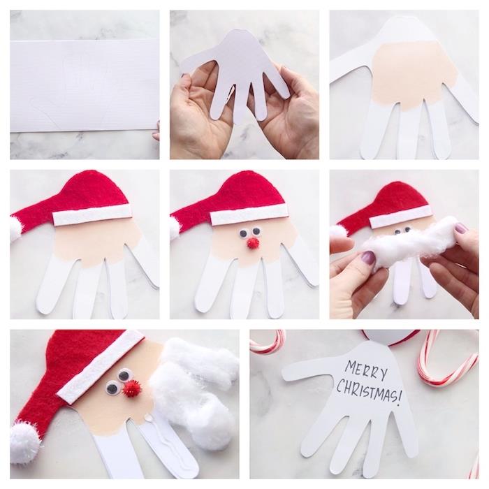 rankų darbo kalėdinės dekoracijos pavyzdys, kalėdinis atvirukas rankose su balta ir raudona veltinio skrybėle, pompomis ir kilnojamomis akimis