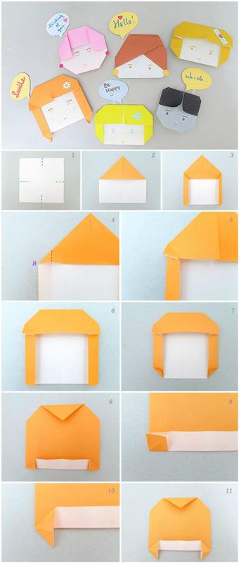 çocuk origami modelleri, kağıttan yapılmış komik karakter kafaları ve kişiselleştirmesi kolay eğlenceli manuel aktivite