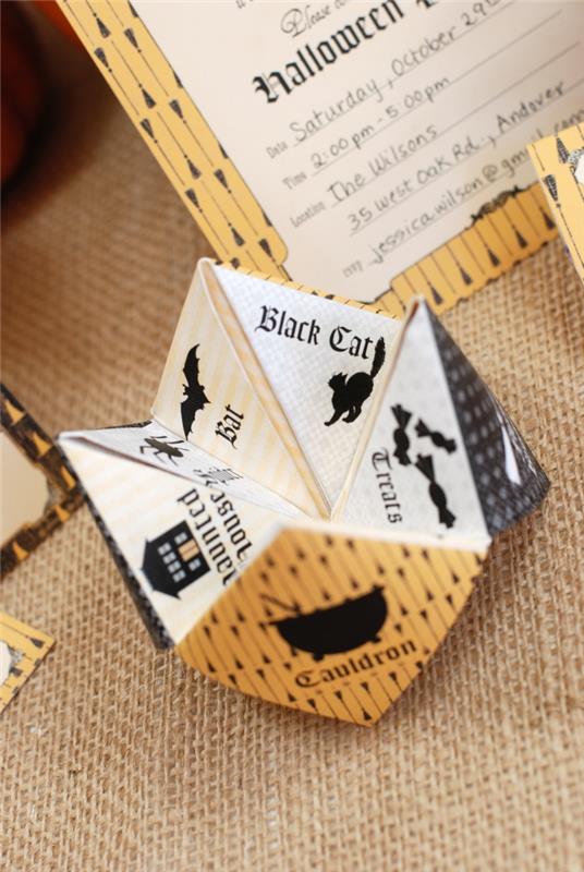 sukurkite Helovino kvietimo kortelę iš origami kepimo indo šablono, kad atsispausdintumėte ir sulankstytumėte save