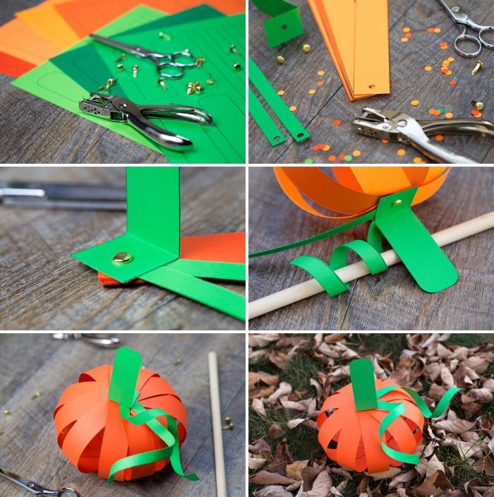 Cadılar Bayramı konulu birincil manuel aktivite, turuncu ve yeşil kağıt şeritler halinde balkabağı yapmak için kolay eğitim