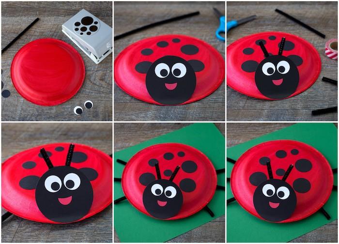 bir anaokulu manuel etkinliği için fikir, siyah noktalı ve yüz özelliklerine sahip kırmızı plastik tabaklar, kolay ve hızlı bahar DIY