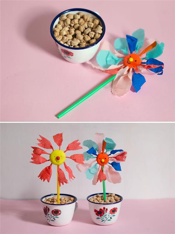 izvirna spomladanska dekoracija, cvet iz plastelina in svileni cvetni listi v skodelici, napolnjeni s čičeriko