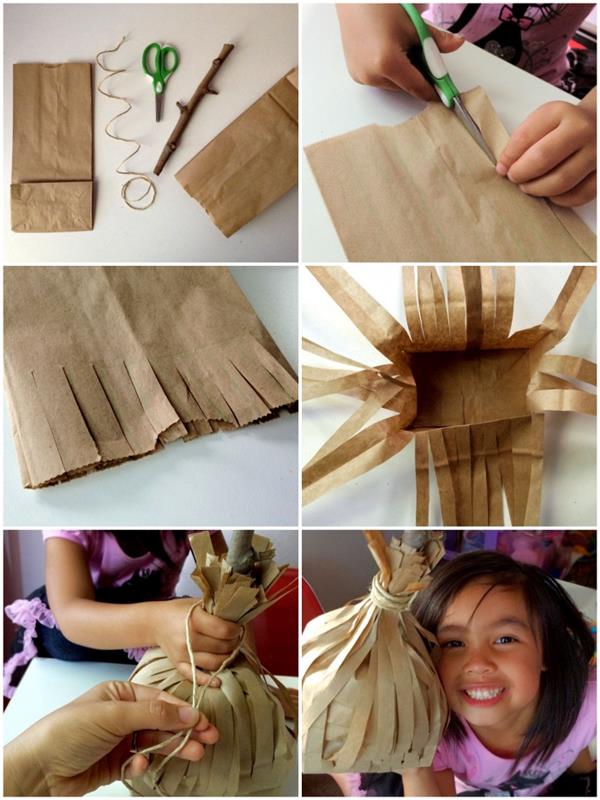 Cadılar Bayramı teması üzerine kolay ve hızlı manuel aktivite fikri, kraft kağıt torbadan süpürge yapmak için öğretici