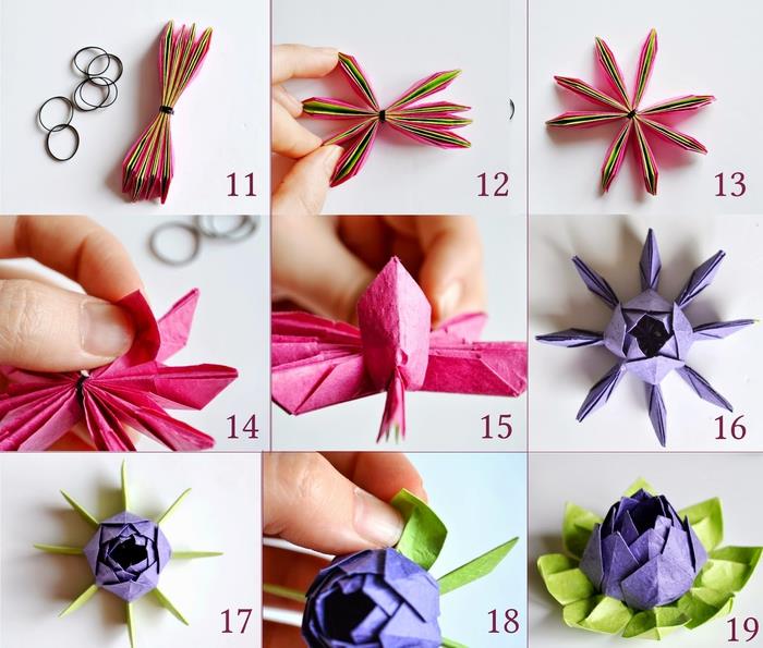 paskutinis lotoso gėlių origami modelio lankstymas iš ryškiaspalvio popieriaus, idealiai tinkantis gėlių stalo dekoravimui