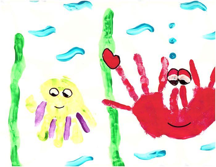 tapybos veikla 3 metų idėja rankų atspaudas piešimas jūros dugno pavyzdys „pasidaryk pats“ mažiems vaikams originalus