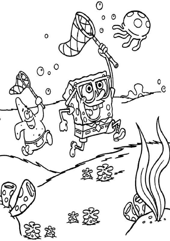 Dažymo puslapio animacinių filmų kempinė Bobas ir Patrikas žaidžia jūros dugne, nemokami spausdinami ir spalvinimo puslapiai