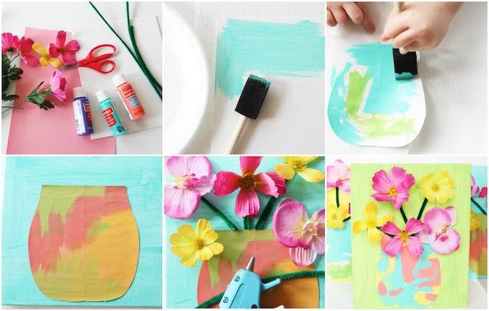 bir anaokulu manuel etkinliği örneği, renkli kağıt vazo ile yeniden boyanmış bir tuval ve kür borusunda yapay çiçekler ve saplarla süsleme