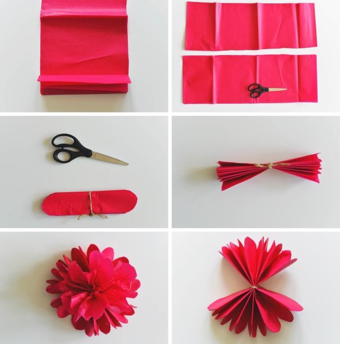 pamoka, skirta išmokti pasigaminti krepinio popieriaus gėlių, pasidaryk pats gėlių modelis iš raudono popieriaus
